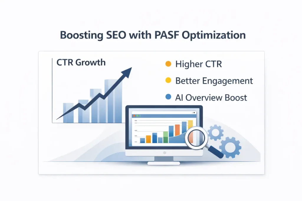Infographic showing PASF optimization benefits including higher CTR, better engagement, and AI Overview boost.