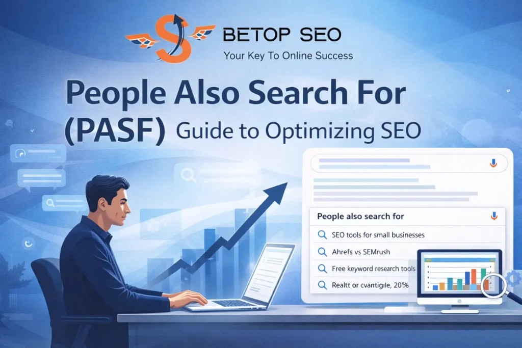 BeTop SEO banner with human analyzing SEO data for People Also Search For (PASF) optimization.