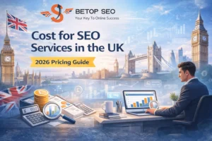BeTop SEO banner showing UK skyline, business professional, and SEO cost visuals for Cost of SEO Services in the UK