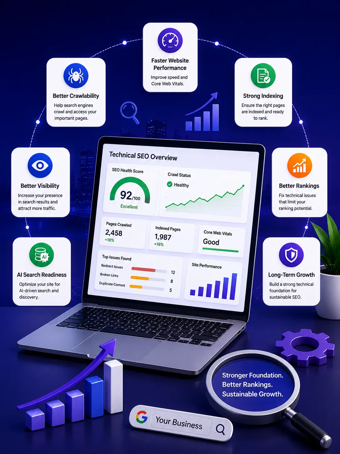 Technical SEO analysis dashboard illustration