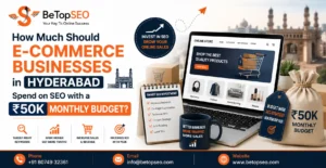 Graphic showing e-commerce SEO budget strategy and ROI text for Hyderabad brands