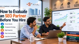 SEO company Hyderabad evaluating SEO strategy with a business owner